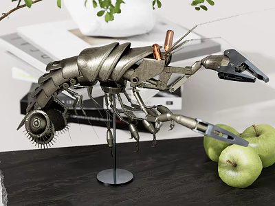 Decorative Ornament Set Metal Shrimp Shaped Sculpture With Green Apples And Metal Base 3d model