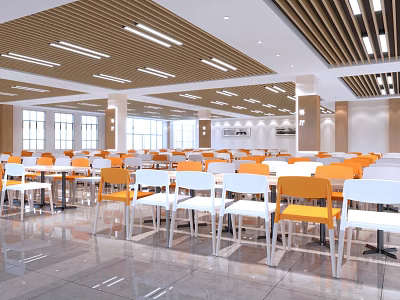 Spacious Modern Cafeteria With Orange White Chairs And Bright Lights 3d model