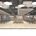 Modern Cafeteria Interior With Hexagonal Ceiling Lights Spacious Floor And Wooden Tables 3d model