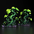 Two Green Vines With Twisted Stems Large Leaves And Purple Base On Black Background