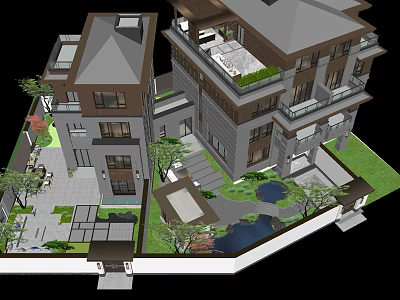 Residential Courtyard Garden Design Featuring Modern Architecture Lush Greenery Stone Pathways Small Pond and Steps 3d model