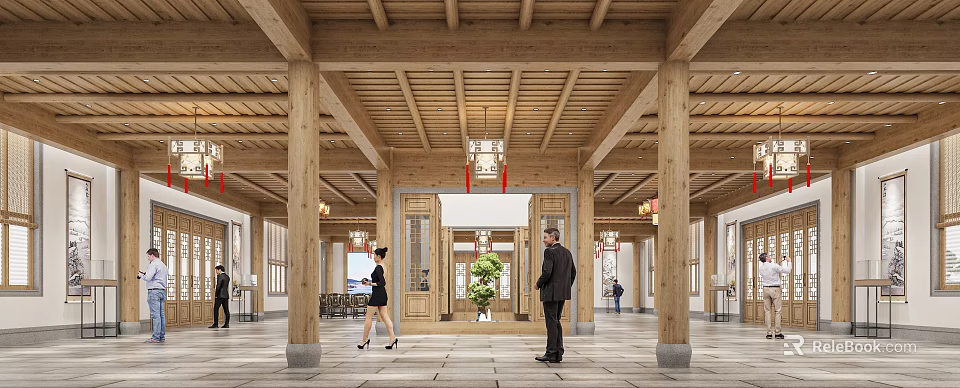 Traditional Chinese Hall Interior With Wooden Beams Lanterns And People 3d model 