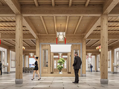 Traditional Chinese Hall Interior With Wooden Beams Lanterns And People 3d model