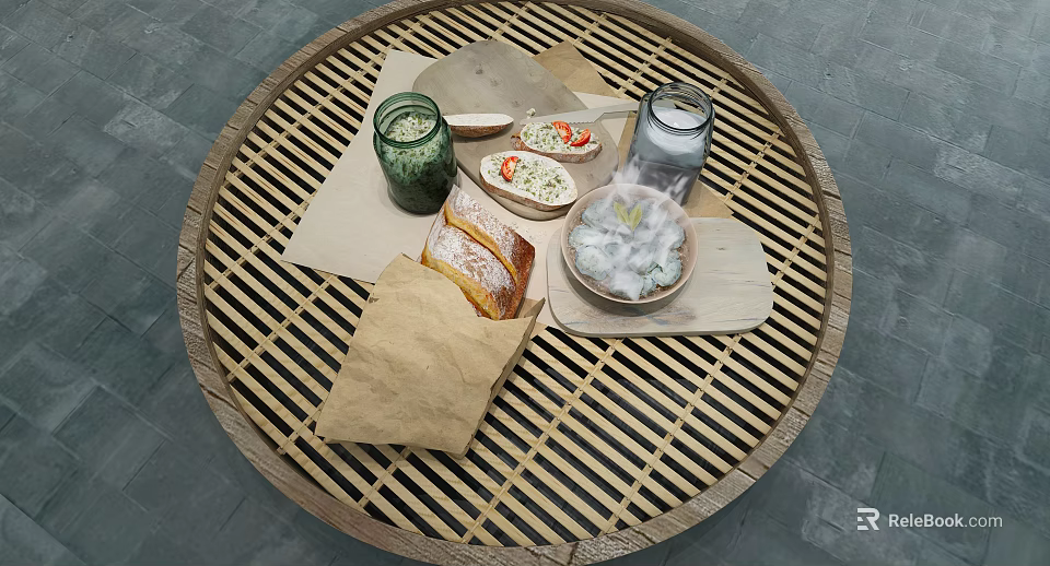 Delicious Homemade Food on Bamboo Tray with Bread Soup and Green Glass 3d model 
