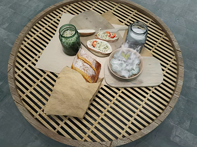 Delicious Homemade Food on Bamboo Tray with Bread Soup and Green Glass 3d model