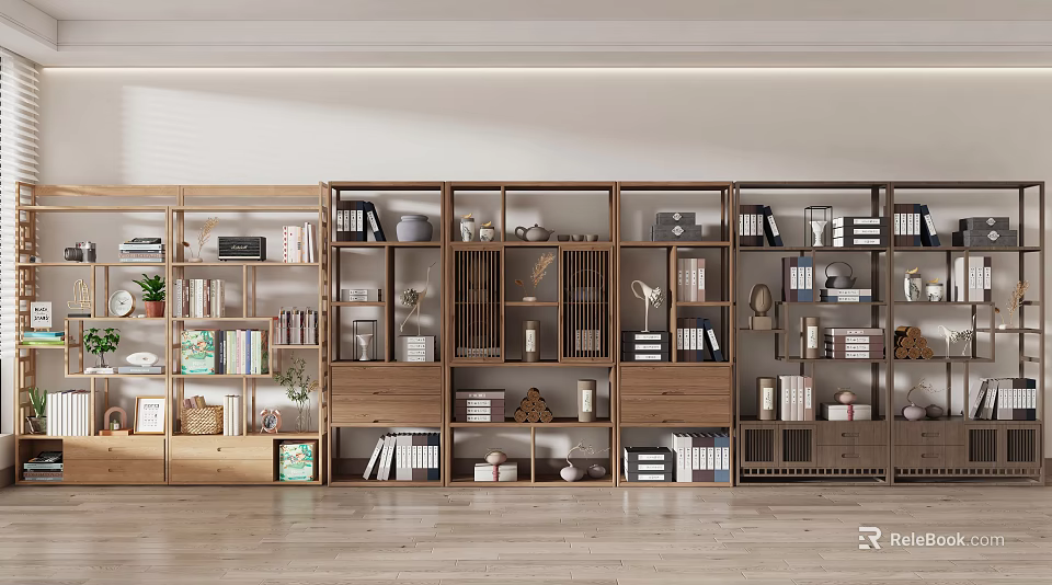 Modern Wooden Bookshelf With Multiple Compartments Books Decorations And Potted Plants 3d model 