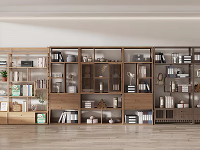 Modern Wooden Bookshelf With Multiple Compartments Books Decorations And Potted Plants 3d model