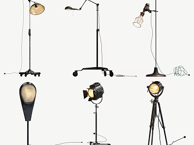Various Floor Lamps With Different Designs Tripod Wheeled Bases And Glass Shades 3d model