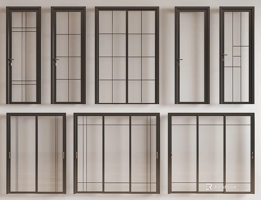 Modern Sliding Doors With Various Glass Panel Designs And Black Metal Frames 3d model