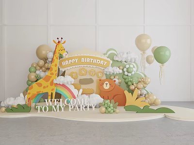 Colorful Birthday Party Decorations With Giraffe Bear Rainbow Clouds Welcome Sign And Balloons 3d model