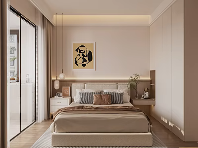 Modern Bedroom Interior With Bed Decorative Artwork Nightstand Table Lamp And Curtains 3d model