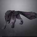 Purple Wolf 3D Model in Crouching Pose with Red Eyes Sharp Teeth and Feathery Tail