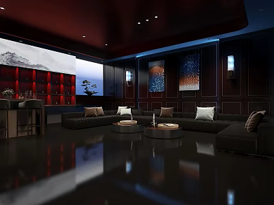 Modern KTV Lounge Interior With Comfortable Sofas Large Screen And Decorative Artworks 3d model