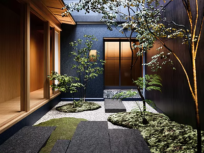 Japanese style Garden Courtyard Design With Wooden Structures Stone Paths And Mossy Trees 3d model