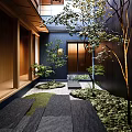 Japanese style Garden Courtyard Design With Wooden Structures Stone Paths And Mossy Trees