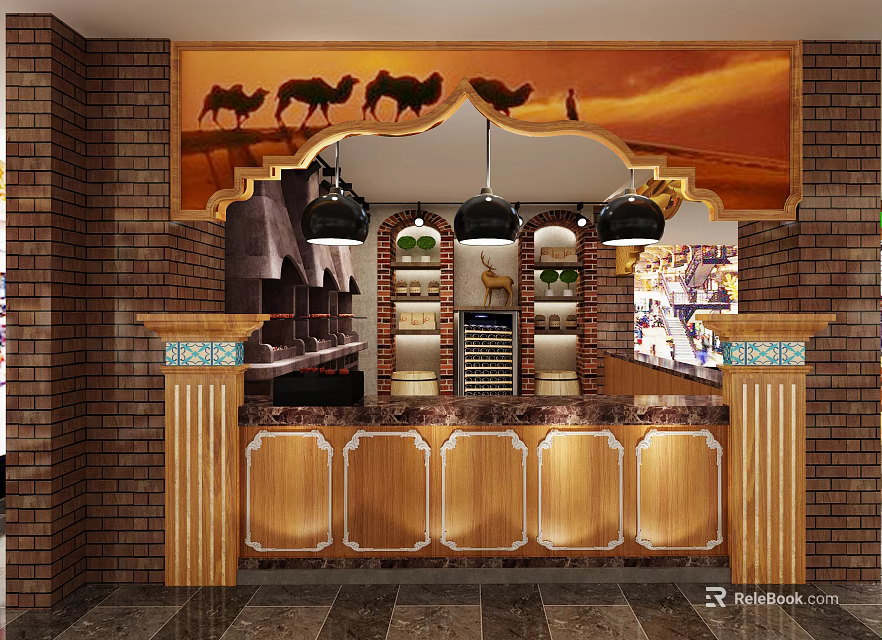 Desert Themed Hotpot Restaurant With Camels Backdrop Brick Walls And Wooden Counter 3d model 