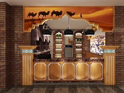 Desert Themed Hotpot Restaurant With Camels Backdrop Brick Walls And Wooden Counter 3d model