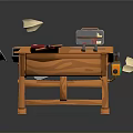 Craftsman Wooden Workbench With Various Tools Red Cloth Papers And Measuring Tape