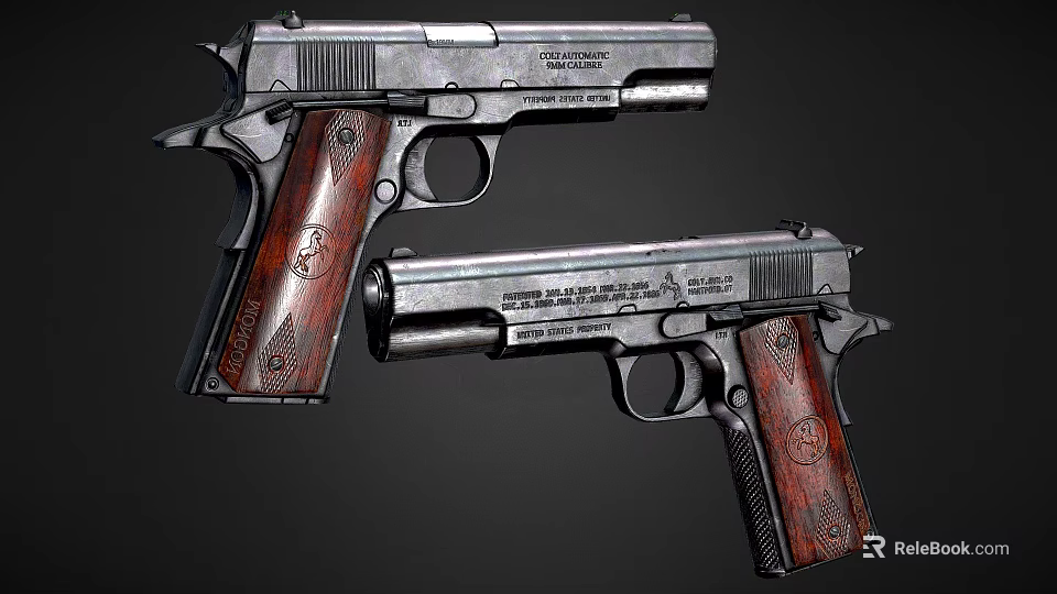 Two Classic Handguns With Metal Finish And Engraved Wooden Grips Showcasing Detailed Craftsmanship 3d model 