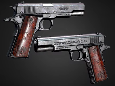 Two Classic Handguns With Metal Finish And Engraved Wooden Grips Showcasing Detailed Craftsmanship 3d model