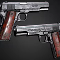 Two Classic Handguns With Metal Finish And Engraved Wooden Grips Showcasing Detailed Craftsmanship