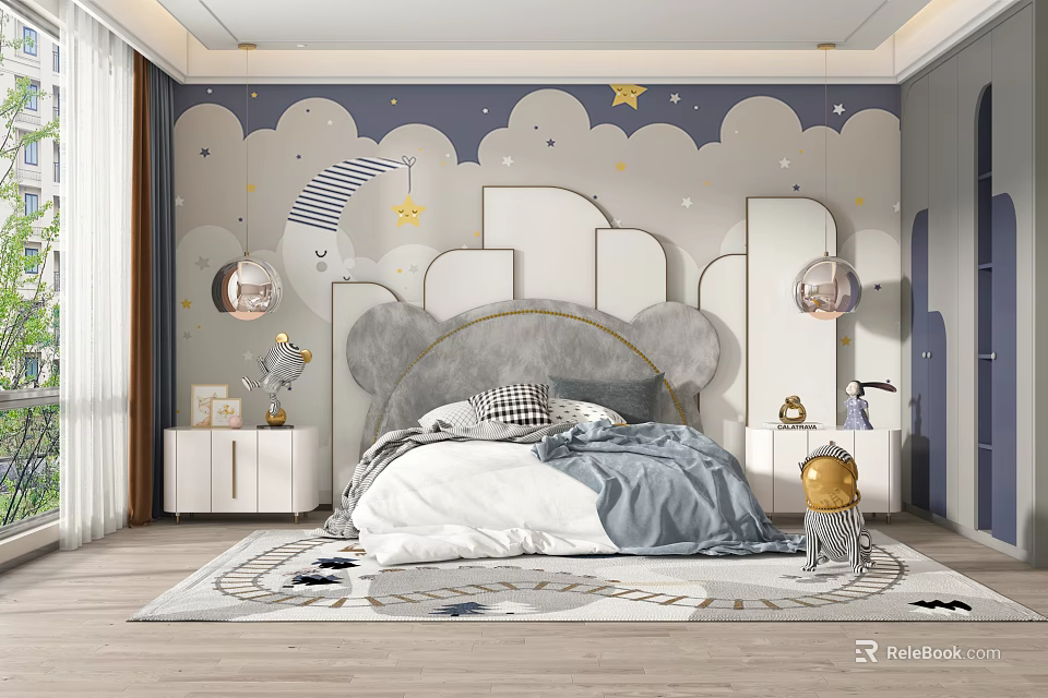 Kids Room Interior With Cartoon Cloud Star Wall Bear Ear Headboard And Star Moon Rug 3d model 