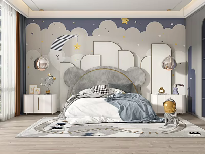 Kids Room Interior With Cartoon Cloud Star Wall Bear Ear Headboard And Star Moon Rug 3d model