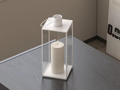 White Square Candle Lantern With Minimalist Design For Modern Home Decor On Wooden Table 3d model