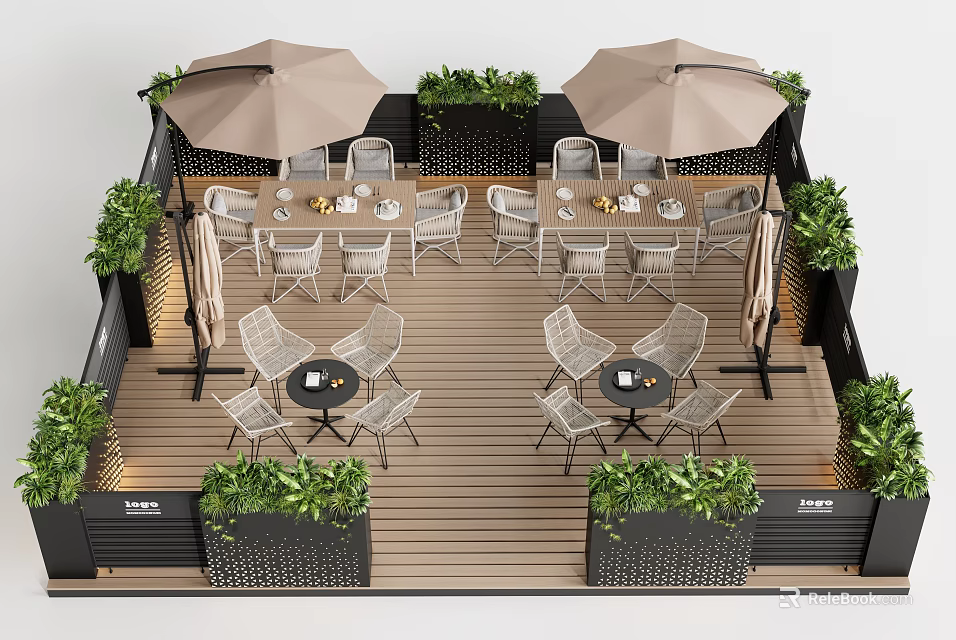 Outdoor Patio Dining Sets With Umbrellas Green Plants And Wooden Deck 3d model 
