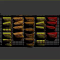 Retail Display Shelf With FAST FOOD Sign And Multiple Layers Of Yellow Red Packaged Products
