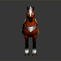 Red Horse With White Mane Tail Yellow Saddle Brown Bridle And White Hooves