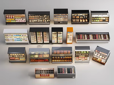 Refrigerators and Freezers with Various Designs for Commercial Use Displaying Interior Food Items Arranged Neatly 3d model