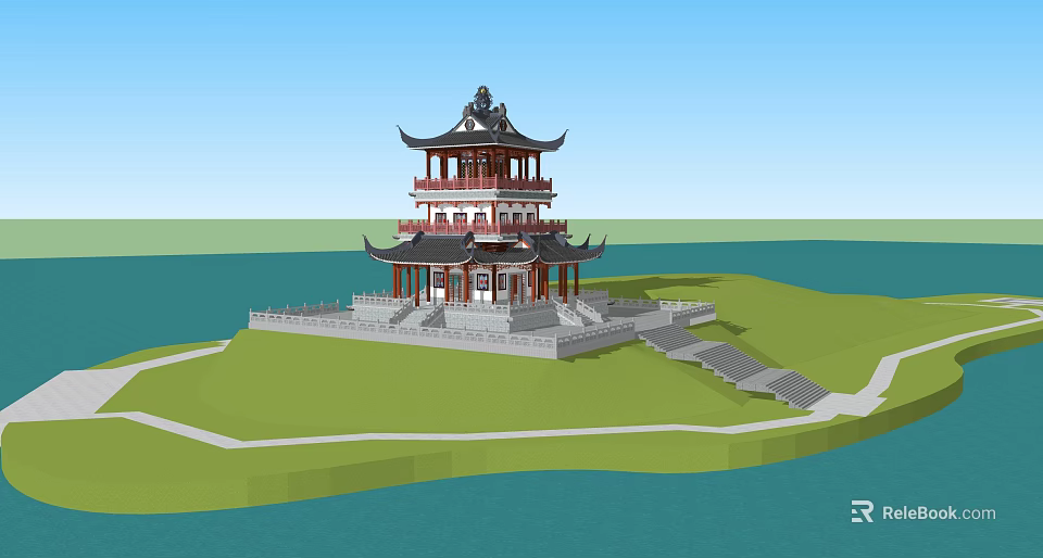Ancient Chinese Multi Tiered Architecture With Ornate Eaves By Water And Green Lawn 3d model 