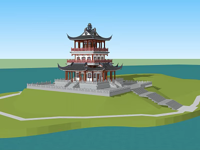 Ancient Chinese Multi Tiered Architecture With Ornate Eaves By Water And Green Lawn 3d model