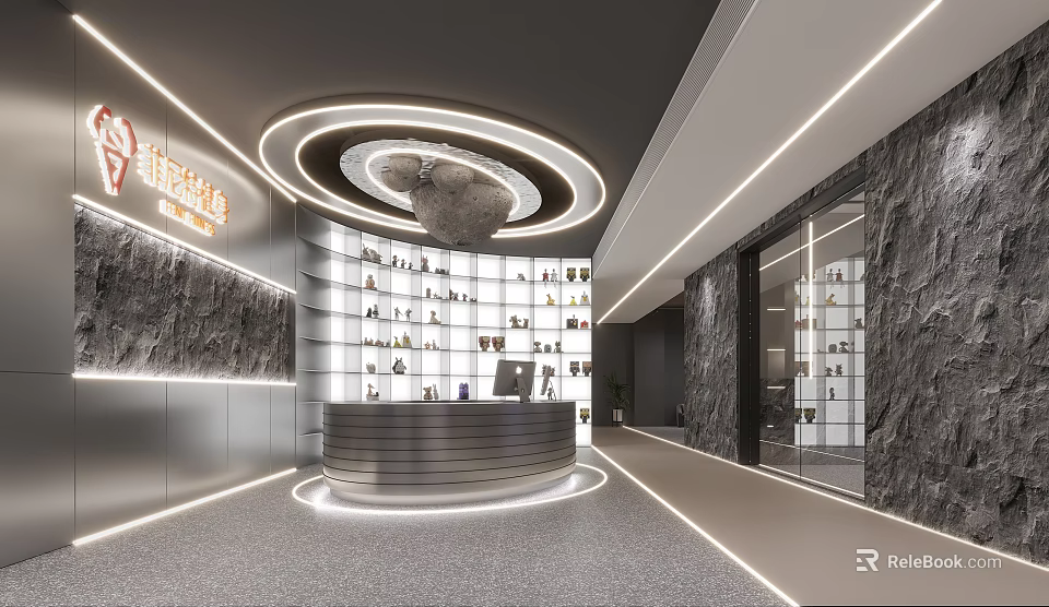 Modern Fitness Gym Reception Area With Circular Lighting And Displays 3d model 