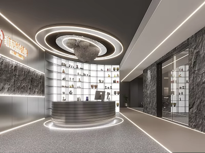 Modern Fitness Gym Reception Area With Circular Lighting And Displays 3d model