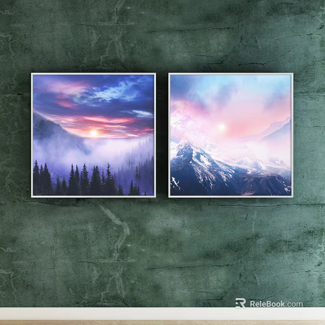 Landscape Paintings Featuring Sunset Sky Misty Forest And Sunrise Snowy Mountain Scenery 3d model 