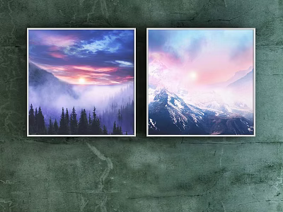 Landscape Paintings Featuring Sunset Sky Misty Forest And Sunrise Snowy Mountain Scenery 3d model