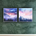 Landscape Paintings Featuring Sunset Sky Misty Forest And Sunrise Snowy Mountain Scenery