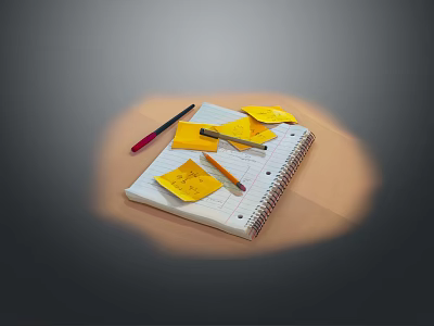 Spiral Notebook With Yellow Sticky Notes Pens And Pencil On Table 3d model