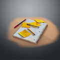 Spiral Notebook With Yellow Sticky Notes Pens And Pencil On Table 3d model