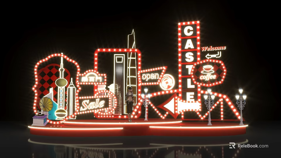 Neon Castle Sign With City Skyline And Illuminated Stage 3d model 