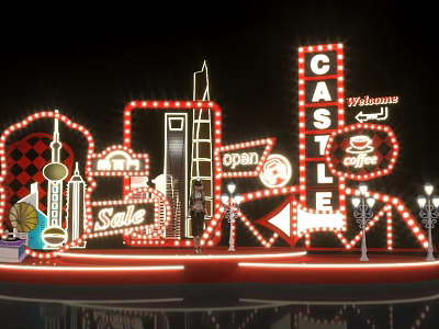 Neon Castle Sign With City Skyline And Illuminated Stage 3d model