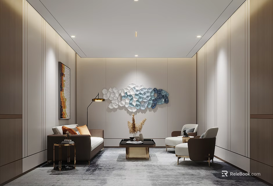Modern Elegant Hotel Public Lounge Area With Sofa Armchairs Coffee Table And Wall Art Decor 3d model 