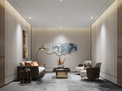 Modern Elegant Hotel Public Lounge Area With Sofa Armchairs Coffee Table And Wall Art Decor 3d model