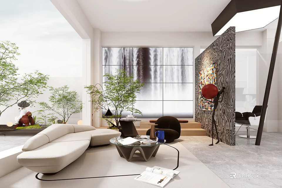Modern Beauty Hair Salon Interior With Comfortable Sofa Plants And Waterfall Wall Art 3d model 