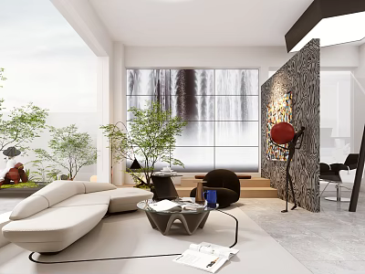 Modern Beauty Hair Salon Interior With Comfortable Sofa Plants And Waterfall Wall Art 3d model