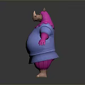 Cartoon Monster Character With Pink Head Limbs Blue Coat Horns And Big Belly