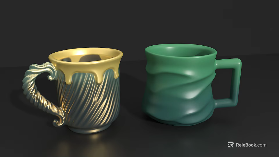 Decorative Mugs With Gold Dripping Rim And Green Wavy Texture Design 3d model 