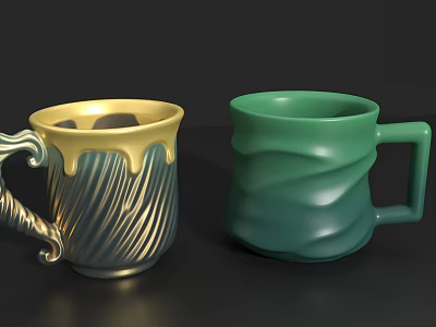 Decorative Mugs With Gold Dripping Rim And Green Wavy Texture Design 3d model